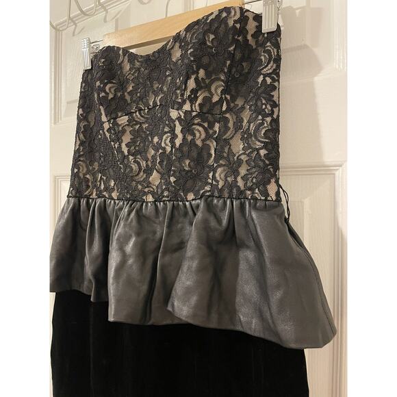 Vintage NWT $410 ABS Allen Schwartz Size 8 Black Lace Leather Peplum Dress - Picture 3 of 10